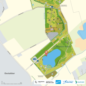 Drawn plan of the wonderwoud with a pin